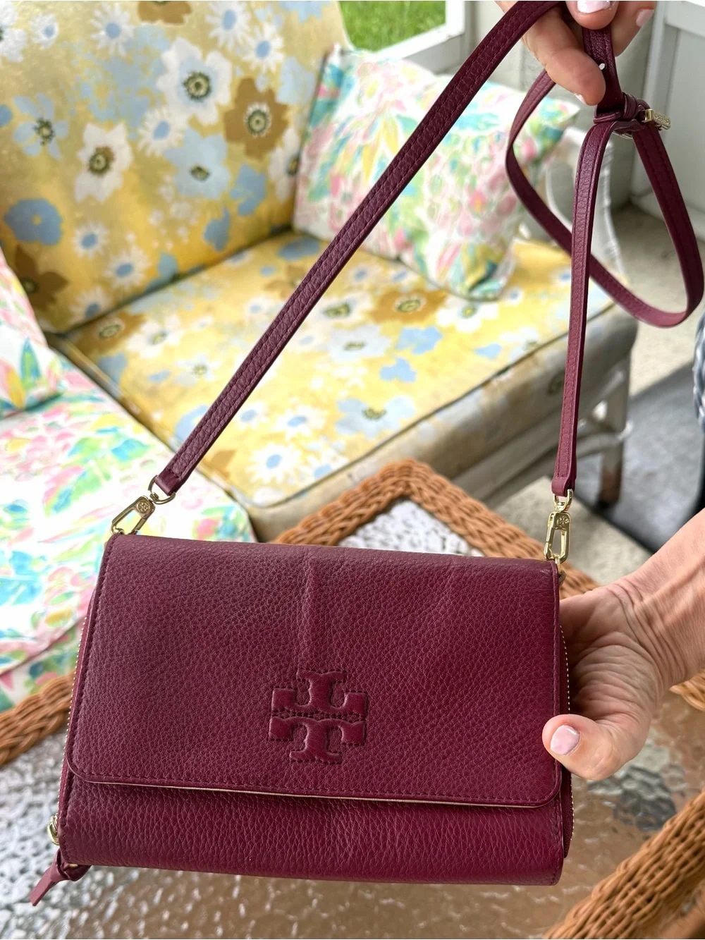 Tory Burch Taylor Mini Foldover Crossbody Burgundy Pebbled Leather